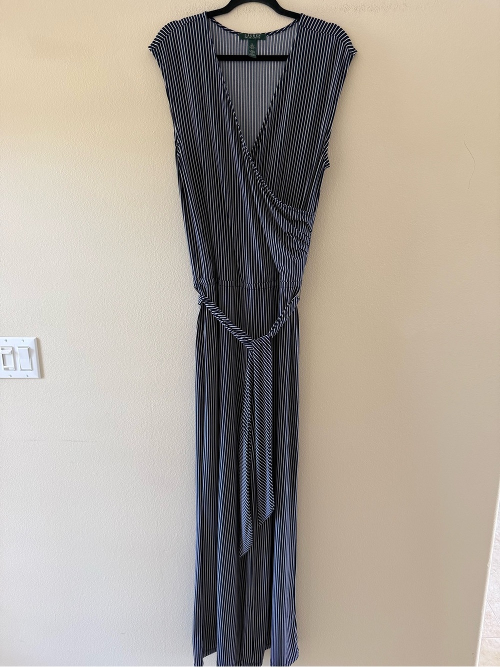 Lauren Ralph Lauren Navy and White Pinstripe Wrap Wide Leg Jumpsuit XL Tall